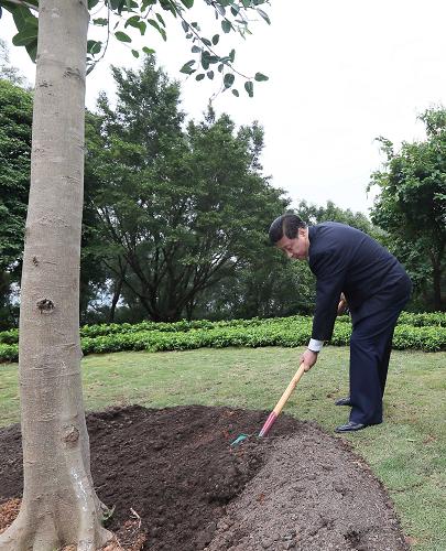 2012年12月7日至11日，習(xí)近平在廣東省考察工作。這是8日上午，習(xí)近平在深圳蓮花山公園種下一棵高山榕樹(shù)。新華社記者 蘭紅光 攝